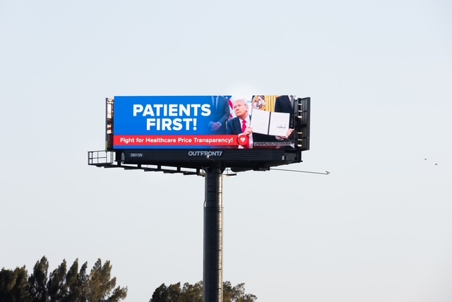 Live Southern Boulevard billboard reading Patients First! Fight for Healthcare Price Transparency, featuring President Trump
