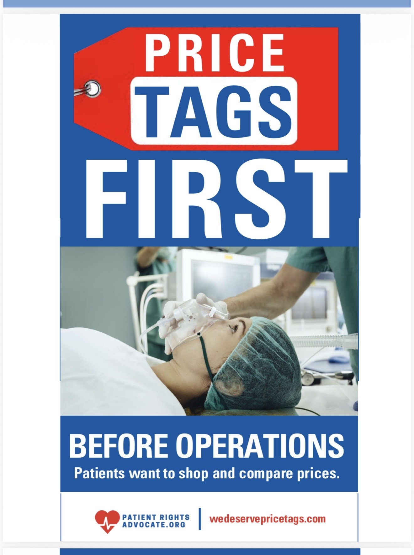 Price Tags First, Before Operations creative showing a patient receiving anesthesia