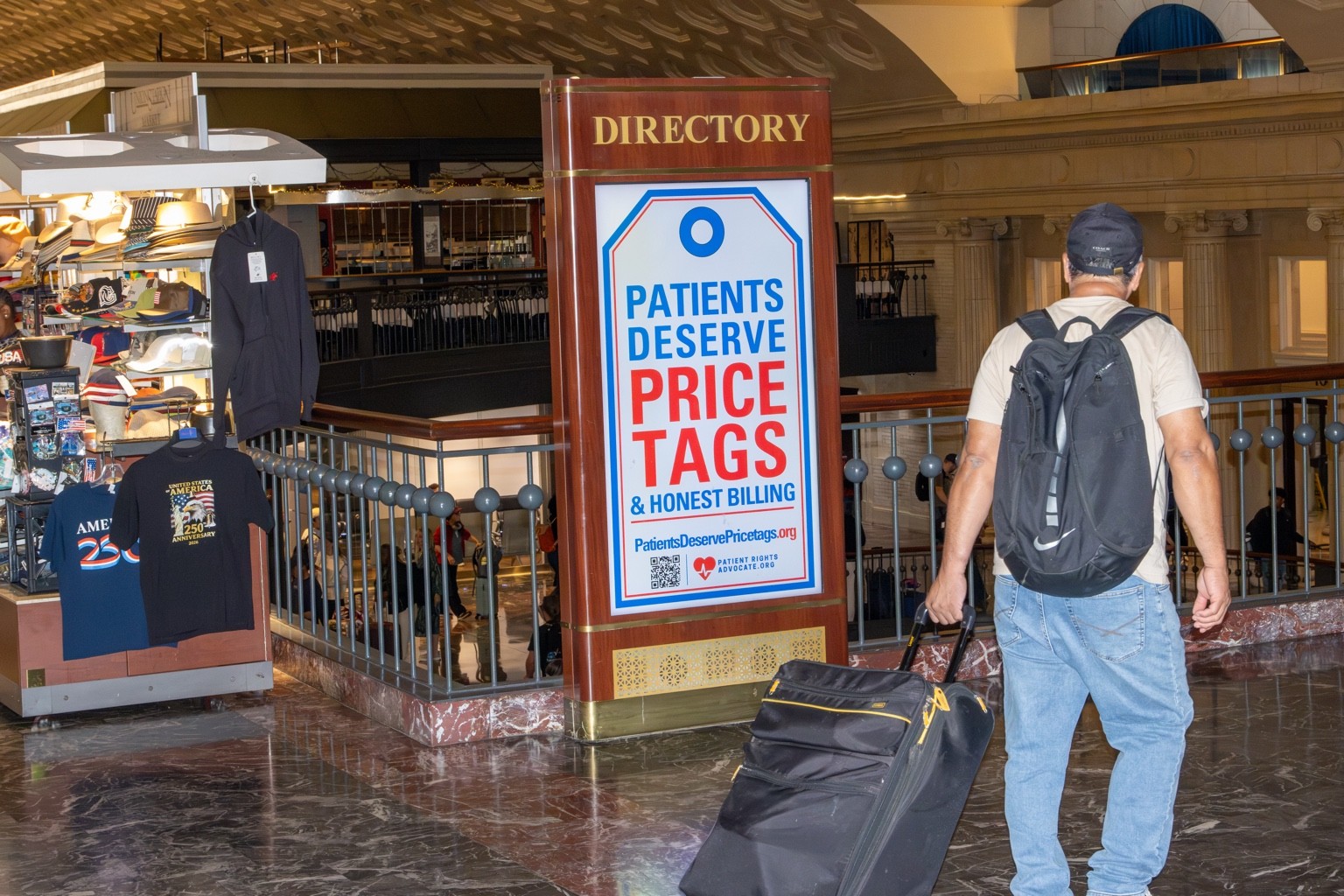 Patient Rights Advocate price transparency campaign on a digital directory at Washington’s Union Station